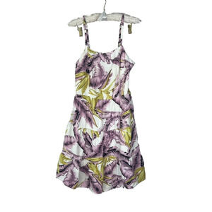 Loft Swing Dress Women's 8 P Purple Floral Leaf Lined Tiered Smocked
